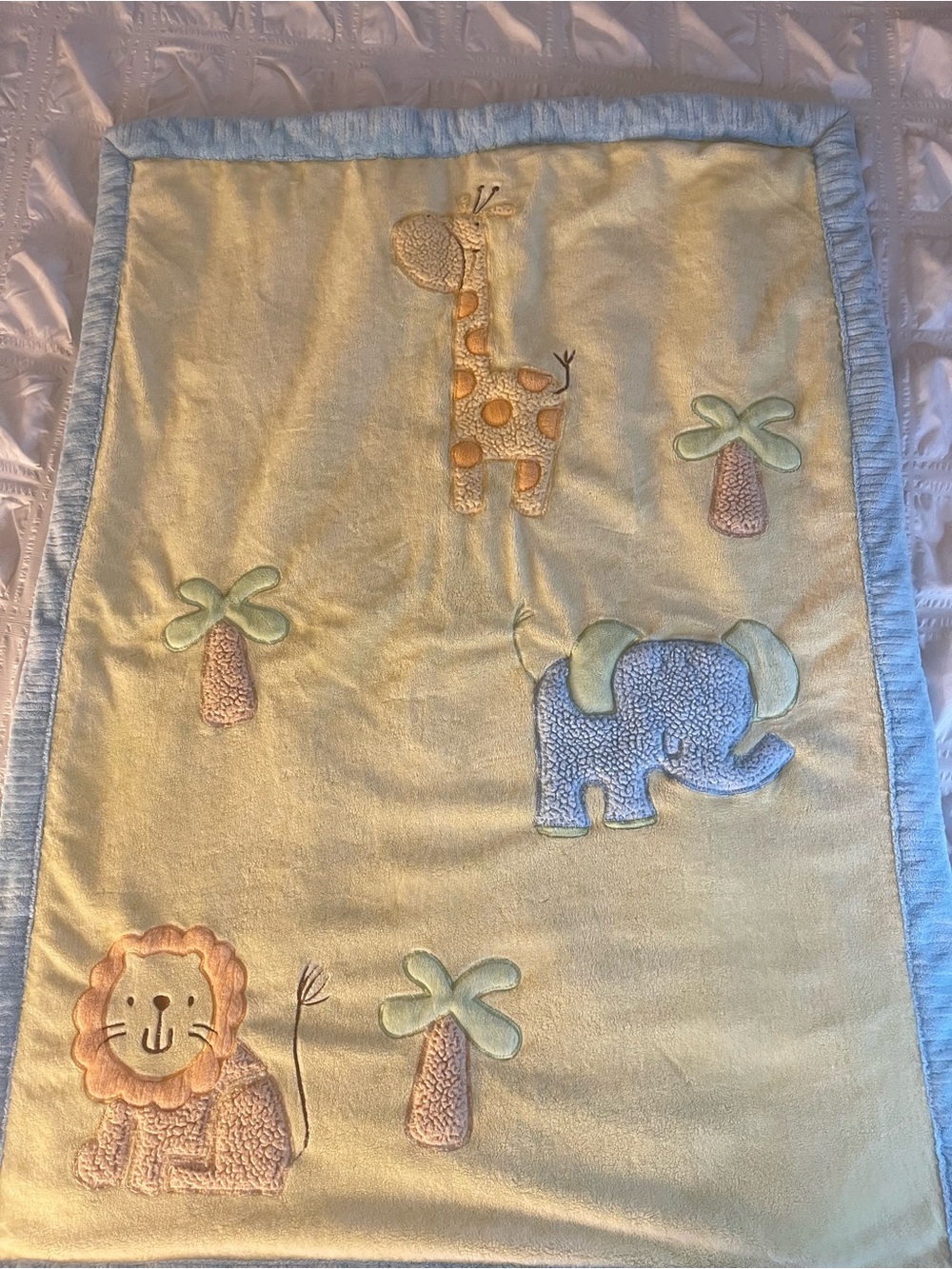 Koala Kids Pastel Yellow Baby Blanket with Light Blue Trim and Safari Appliques